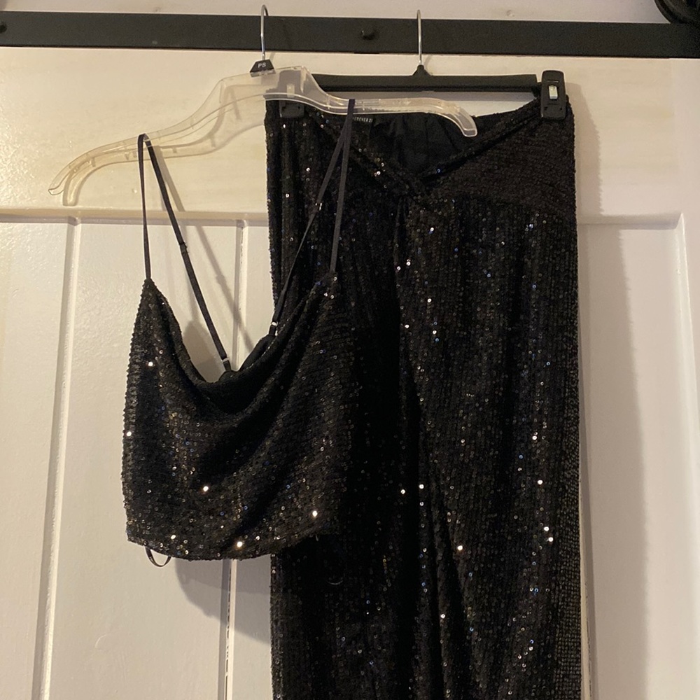 Sparkly crop top and long skirt with slit